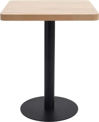 A square bistrot table with a light brown wooden top and a black metal base, isolated on a white background.