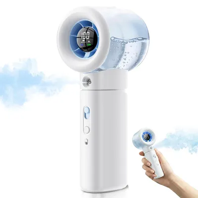 Produktbild von Handventilator mit Sprühfunktion, 6000mAh Akku, 100 Stufen Mini Nebel Ventilator tragbar, LED Display, starker Turbo für Reisen & Outdoor