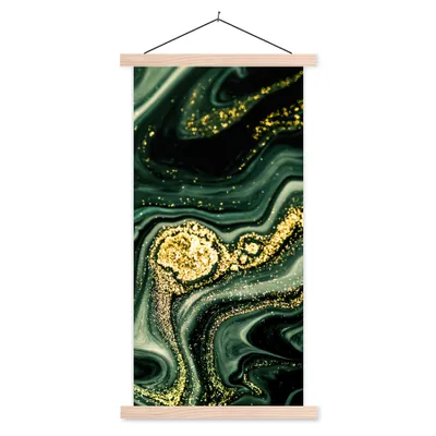 Produktbild von MuchoWow® Textilposter Marmor - Gold - Glitter - Grün - Marmoroptik - Luxus 60x120 cm mit holzfarbenen Rahmen - Holz