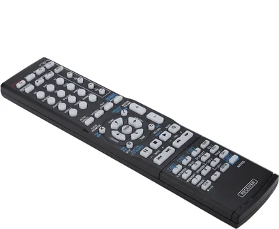 A black remote control with white buttons is shown against a white background.