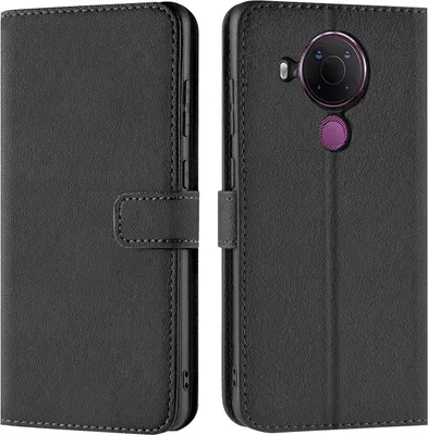 A black flip case for a smartphone is shown from two angles, open and closed.