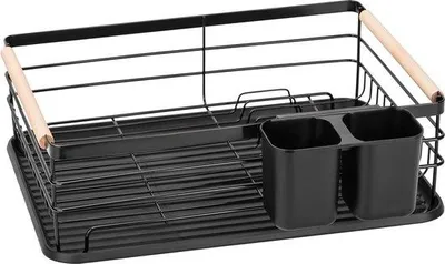 Zdjęcie produktu dla Kompaktowy ociekacz z półką i uchwytem na sztućce - 43 x 30,5 x 14 cm - czarny - do kuchni i zlewu Ociekacz z wyjmowaną tacką ociekową