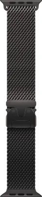 A close-up studio shot of a black mesh smartwatch band with a black clasp.