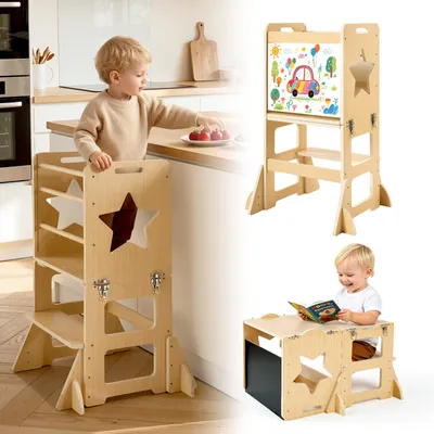 Produktbild von VEVOR Lernturm für Kinder von 1–5 Jahren, 4-in-1-Lernstuhl, Montessori-Tisch- & Stuhlset, Kindertritt aus Holz, Montessori Learning Tower mit Tafel, Kindermöbel für Bad & Küchenarbeitsplatte