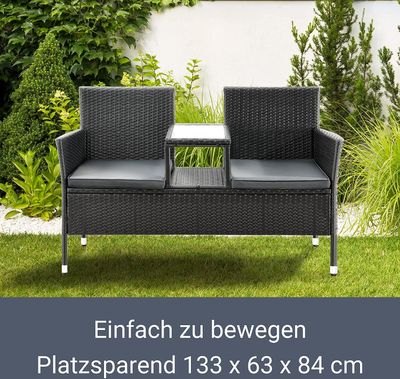 Polyratanová zahradní lavice Juskys Monaco - lavice pro 2 osoby se stolem a polštáři - 133 × 63 × 84 cm - ratan - dobrá