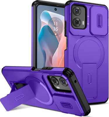 Obrázek produktu pro Magnetické pouzdro pro Motorola Moto G 2024, dvouvrstvé odolné pouzdro s posuvnou ochranou fotoaparátu a nastavitelným stojánkem Fialová
