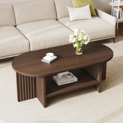 Produktbild von MODFU Couchtisch oval mit Ablagefach, modernes Wohnzimmertisch mit Rillen-Design, Kaffeetisch aus MDF, Sofatisch 100 x 49 x 35 cm, Walnuss