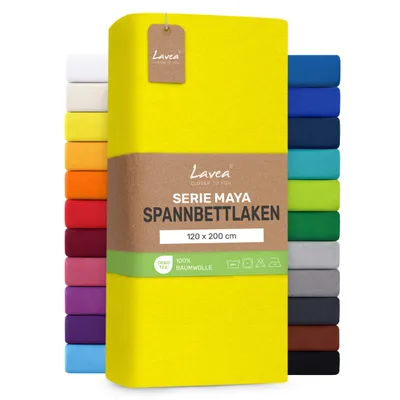 Produktbild von Lavea® Spannbettlaken 120x200cm, Maya, 100% Baumwolle – Weiches, atmungsaktives Bettlaken für Matratzen bis 20cm - Sonnengelb