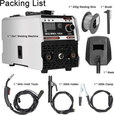 Immagine prodotto di Saldatrice MIG/MMA - 160A, inverter - 2-in-1, corrente continua (DC), tecnologia IGBT - adatta per saldatura con e senza gas - alimentazione automatica del filo