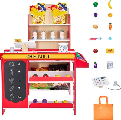 Image de Jeu d'épicerie en bois pour enfants SucceBuy, supermarché ludique avec sac à provisions, tapis roulant, scanner, caisse enregistreuse et fruits et légumes, cadeau idéal pour les enfants à partir de 3 ans
