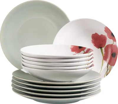 Produktbild von Ossia Aguarela Vintage-Look Geschirrset für 6 Personen - flache Teller und Suppenteller - türkis und Mohnblumen-Dekoration Geschirrset für 6 Personen