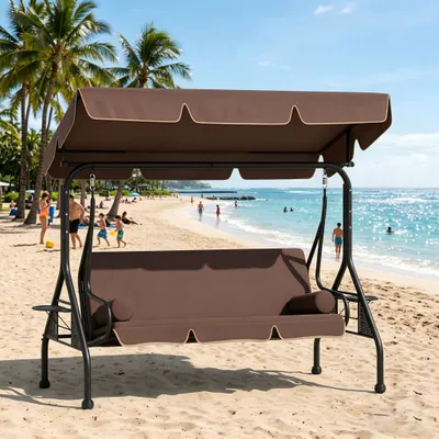 Image de Balançoire de jardin JOIEYOU 3 places 2-en-1 avec fonction bain de soleil, auvent, résistante aux intempéries et stable, pour 3 personnes jusqu'à 350 kg, marron foncé