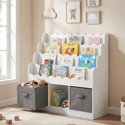 Produktbild von Kinderbuchregal mit 4 Ebenen und Faltbaren Schubladen