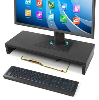 Obrázek produktu pro Stojan na monitor, masivní dřevo, černý, rozměry 50x20x7,7 cm