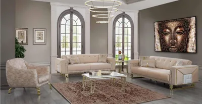 Produktbild von Komplette Beige Sitzgarnitur Wohnzimmer Sofas Luxus Sessel Couchtisch