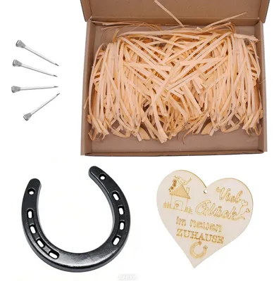 Produktbild von Hufeisen-Deko-Set - Mit 4 Hufeisennägeln, 1 Herzschild und 1 Box - Zur Dekoration - Silberfarben