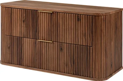 A wooden bathroom cabinet with two drawers and gold handles, shown from the front.
