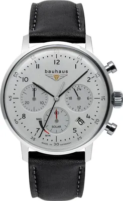 A close-up studio shot of a Bauhaus brand men's chronograph watch with a black leather strap.