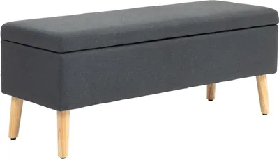 Image de Banc rembourré avec espace de rangement, banc de lit en lin, bois d'hévéa, 110 x 39 x 45 cm, gris foncé