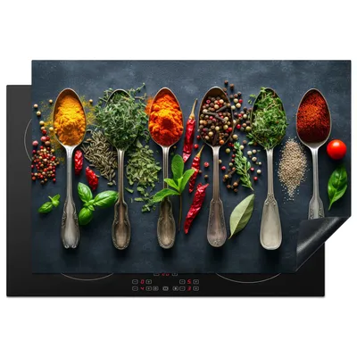 Produktbild von KitchenYeah© Herdabdeckplatte Gewürze - Löffel - Kräuter , 77x51cm, Küche Deko, Glaskeramikkochfeld Herdabdeckung, Abdeckplatte fùr Kochfeld