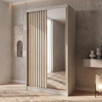 Produktbild von BEAUTYSOFA | Kleiderschrank DONATELLO 120 cm Kaschmir/Artisan mit Spiegel und Lamellen Schwebetürenschrank modern