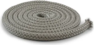 A coiled grey rope on a white background.