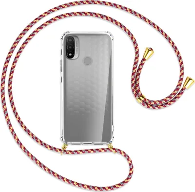 Produktbild von Handykette Backcover-Schutzhülle mit Band (Metall goldfarben) für Motorola Moto E20 (XT2155) - weinrot/gelb/grau