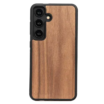 A wooden phone case with a black frame is shown against a white background.