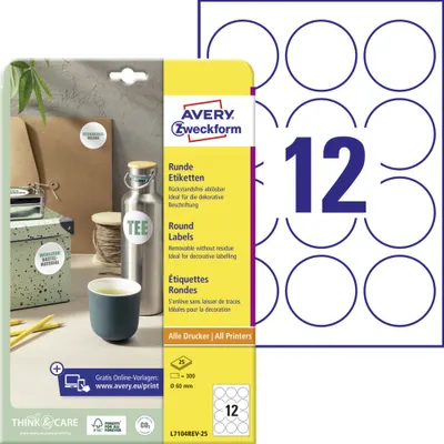 Produktbild von Avery Zweckform L7104REV-25 Runde Etiketten, ablösbar, A4, Ø 60 mm, 25 Bogen/300 Etiketten, weiß