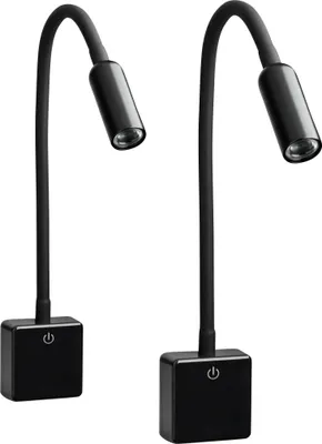 Two black LED plug-in lamps with flexible goosenecks and power buttons on their bases, shown against a white background.