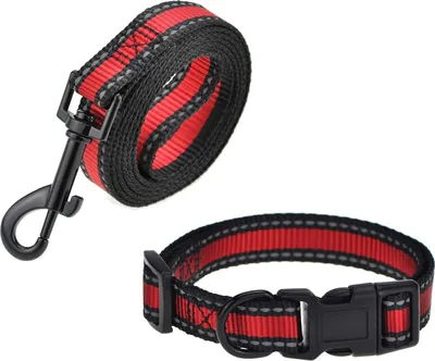 Produktbild von Hundeleine, Halsband-Kombipaket | Rot | Reflektierender 3M-Streifen mit Nylonband | (Rotes 2er-Pack Leinenhalsband, kleiner Halsumfang 30–43 cm, 9 kg)