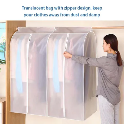 Image de Housse de protection pour vêtements Sac de rangement suspendu pour vêtements Sac de rangement suspendu translucide, anti-poussière et imperméable pour garde-robe, avec fermeture éclair intégrale