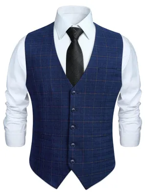 Imagen del producto de Chaleco formal para hombre, ideal para bodas, de algodón, con estampado de cuadros, color azul, talla M
