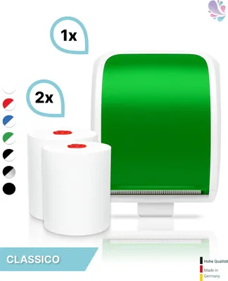 Produktbild von SET: Handtuchrollenspender Autocut, Blanc Cosmos verschied. Farben + 2 Handtuchrollen Classico - PRODUKTSET : Farbe - Grün / Weiß Farbe: Grün / Weiß
