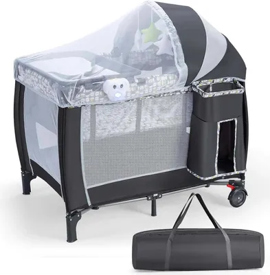 Immagine prodotto di Lettino da viaggio per neonati - Lettino 3 in 1, fasciatoio e box - Pieghevole - Zanzariera regolabile e rimovibile - Carillon - Per bambini di 1-2 anni - Grigio