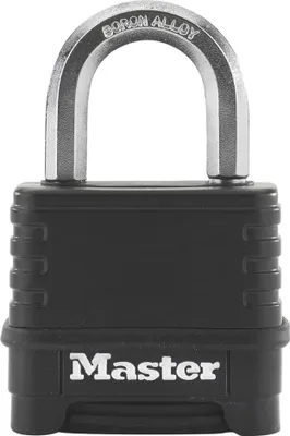 A black Master Lock padlock with a silver shackle.