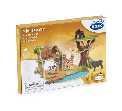 The image shows the packaging of a mini savannah playset with toy animals.