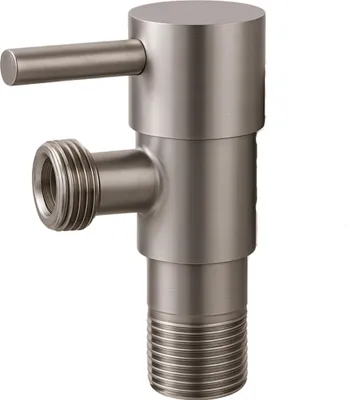 A close-up studio shot of a metal angle valve.