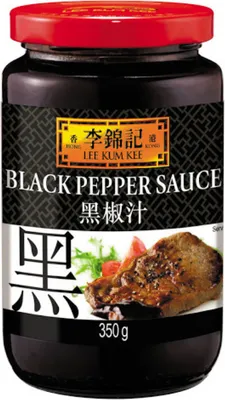 A jar of Lee Kum Kee Black Pepper Sauce with a piece of steak on the label.