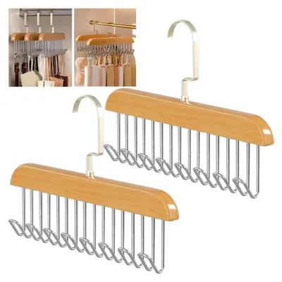 Produktbild von 2 Stück Holz Kleiderbügel mit Krawattenhaltern, 28x18x3 cm Gürtelhalter für den Kleiderschrank, Kleiderbügel mit 8 Haken, drehbar, Aufbewahrungshänger für Gürtel, Hosenträger, Krawatten und Schals