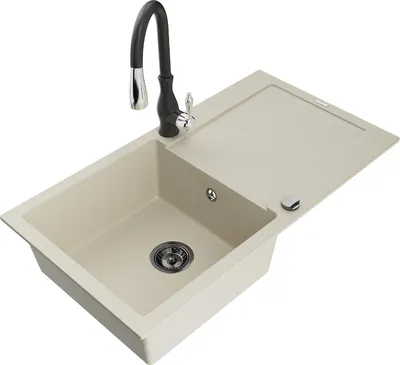 Image de Mexen Leo Évier en granit 1 bac avec égouttoir et mélangeur Savita, Beige - 6501-69-672601-70