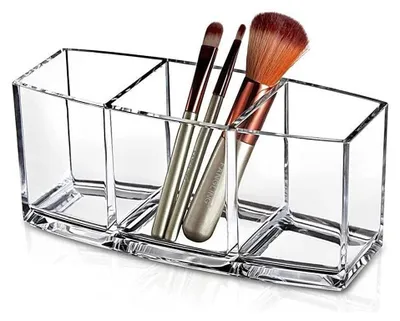 Image de Organiseur de cosmétiques transparent en acrylique à 3 compartiments, boîte de rangement pour maquillage, trousse à maquillage, support pour rouge à lèvres et pinceaux.