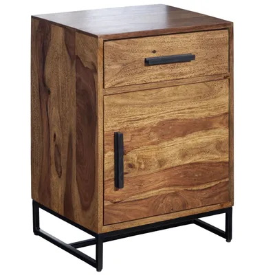Produktbild von Nachttisch Sheesham Massivholz / Metall 45x35x65 cm Nachtschrank Boxspringbett, Design Nachtkonsole mit Schublade und Tür, Nachtkommode Industrial mit Stauraum