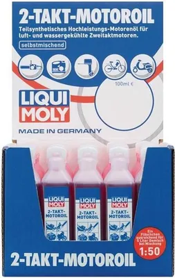 A retail display box containing three small bottles of 2-stroke motor oil.