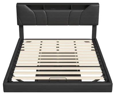 Obrázok produktu pre Postel 140x200 cm - Čalúnená dvojlôžková posteľ - Hydraulický zdvih s úložným priestorom - USB nabíjací port - LED osvetlenie - Umelá koža - Čierna