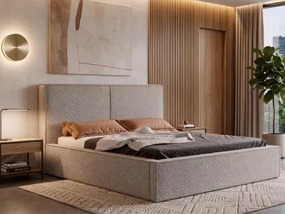 Produktbild von Polsterbett MADERO 160x200 cm mit Bettkasten, Stauraum und Metall-Lattenrost – Bouclé Stoff Grau
