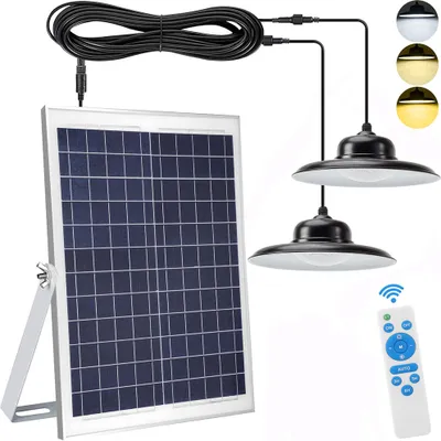 A solar-powered pendant light system with two lamps, a solar panel, and a remote control, displayed against a white background.