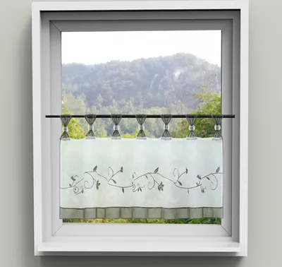 Produktbild von Scheibengardine Küchengardinen Kurzstore mit Schlaufen Voile Bistrogardinen mit Blumen-Stickerei Grau BxH 145x60 cm