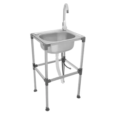 A freestanding stainless steel sink with a faucet on a white background.