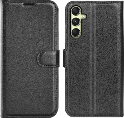 A black leather flip wallet case for a smartphone, shown from the front and back.
